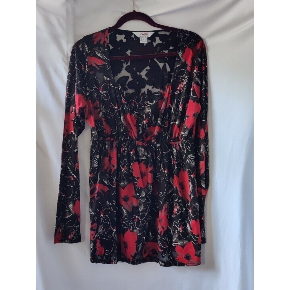 Adora Floral Sheer Top Blouse Long Sleeve Elastic Waist Black/Red Size Large